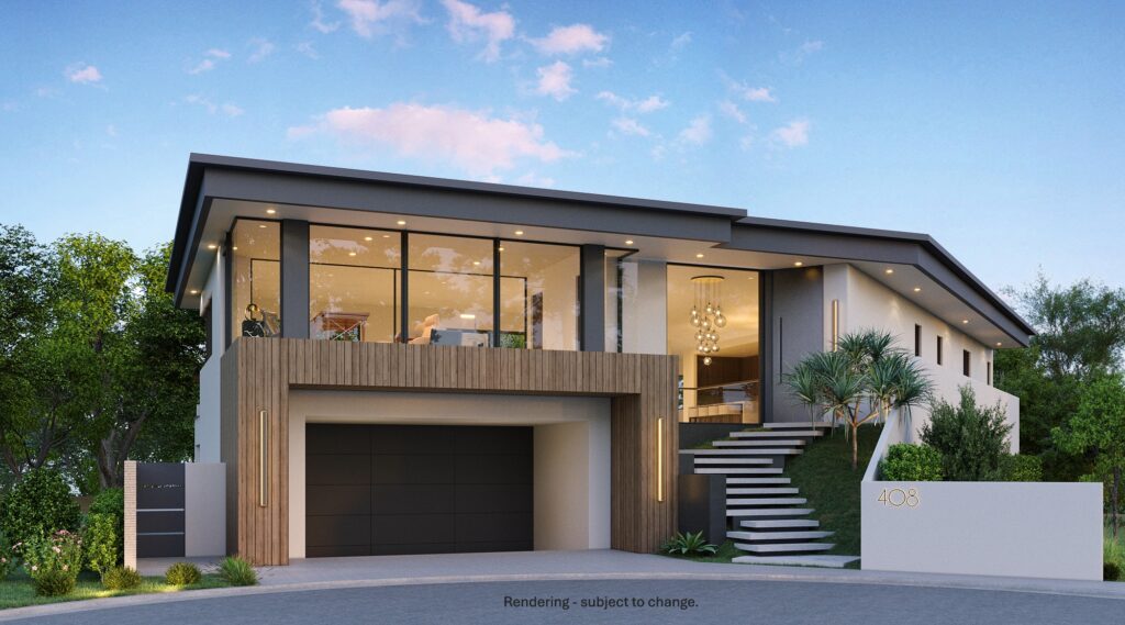 exterior rendering of contemporary 2-story home at twilight