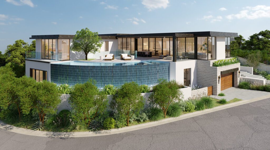 511 Seaward Aerial Rendering of contemporary home with infinity edge pool on large corner lot