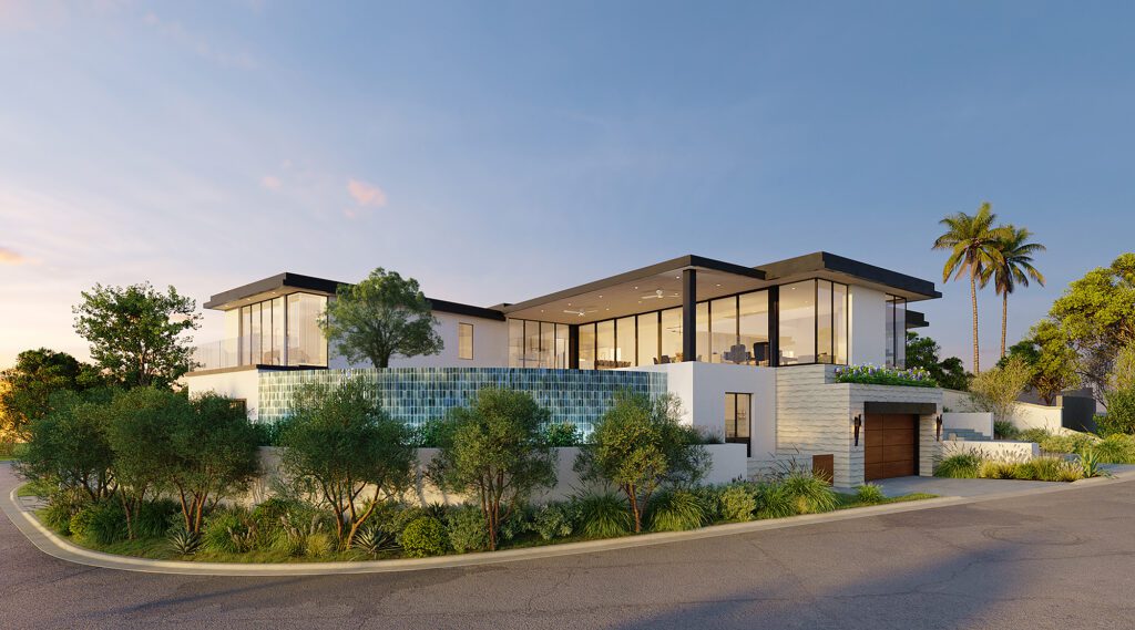 contemporary two story home on a corner lot