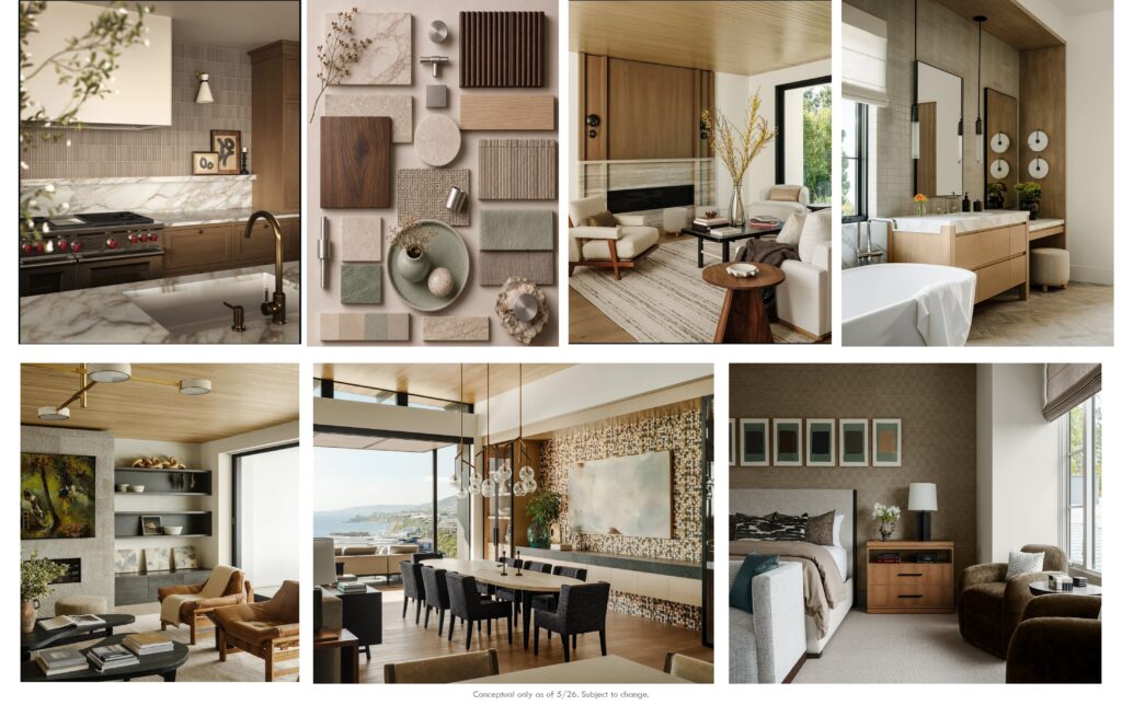 kitchen, living, dining, and bath concepts with warm wood tones and light counters