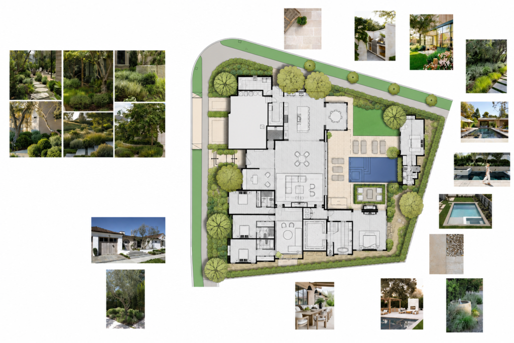 landscape plan shown with optional pool upgrade and mood boards of hardscape and landscape